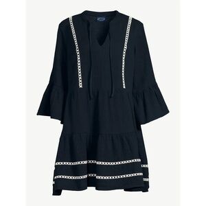 Scoop Women's Lace Trimmed Mini Dress with ¾ -Length Sleeves